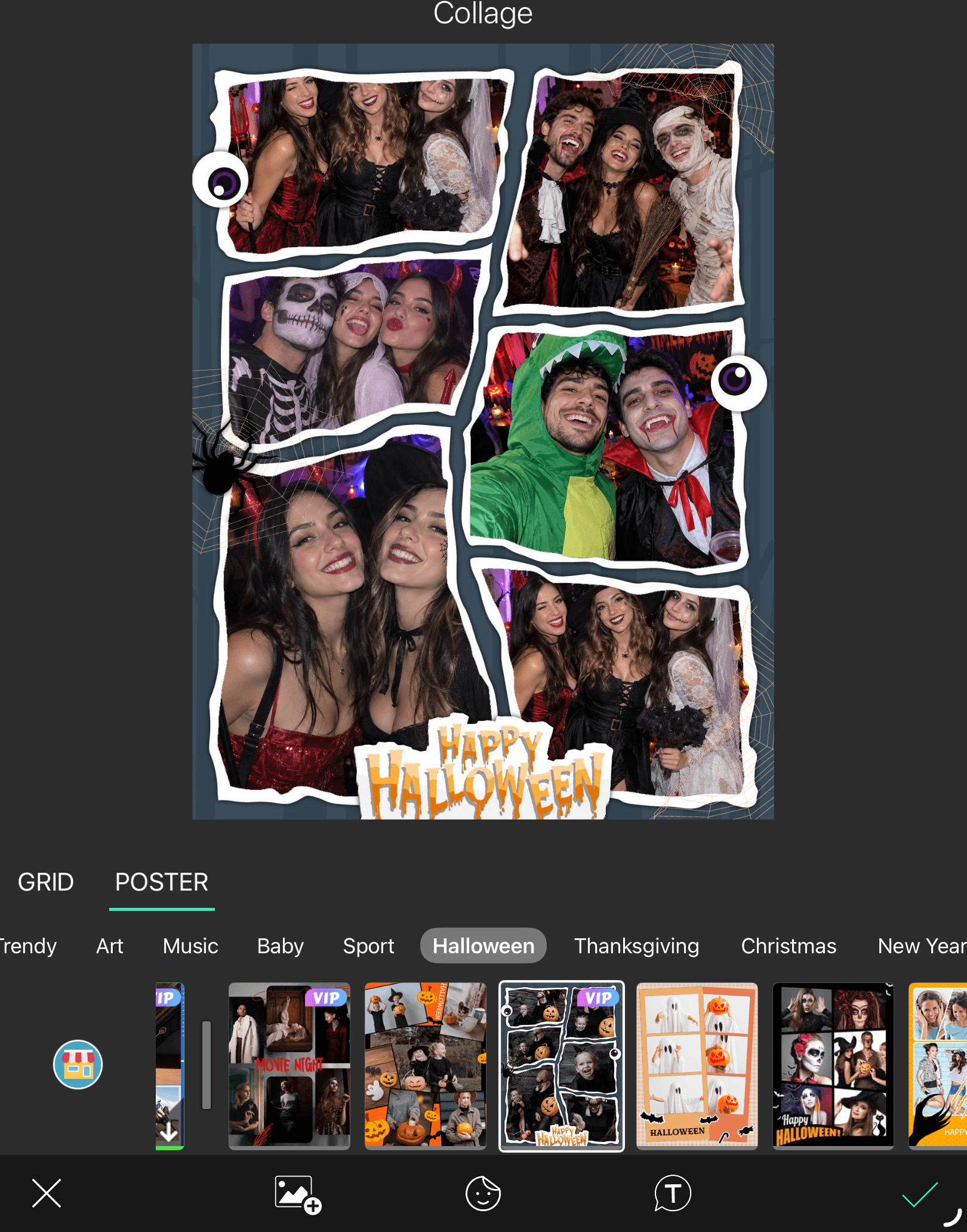 Editor de Collage de YouCam Makeup con la categoría Halloween seleccionada