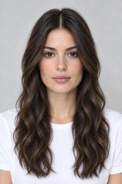 Long wavy layers haircut preview on an AI-generated model