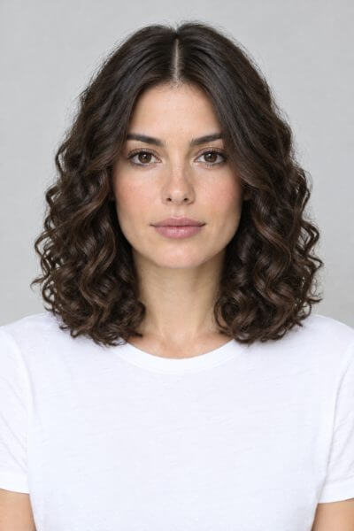 Curly lob haircut preview on an AI-generated model