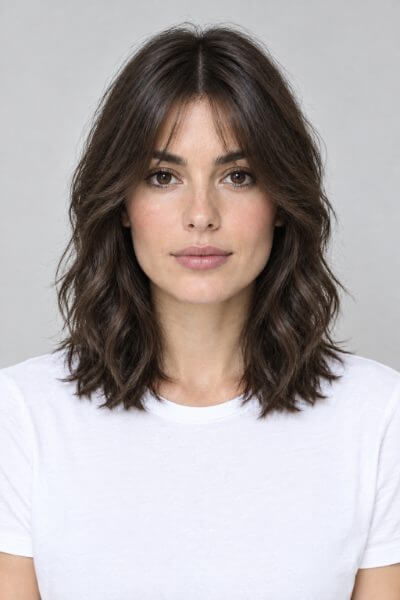 Soft shag haircut preview on an AI-generated model