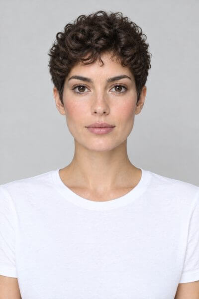 Tapered curly crop haircut preview on an AI-generated model