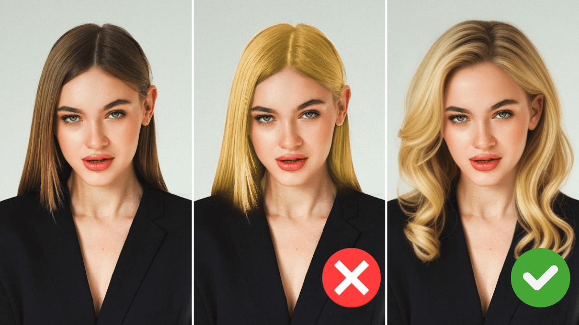 Unrealistic blonde filter on the left compared with a realistic AI blonde on the right