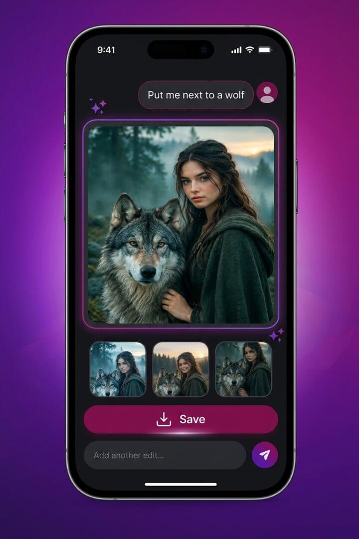 Illustration of an AI photo editor chat where the prompt "Put me next to a wolf" returns a portrait of a woman with a wolf