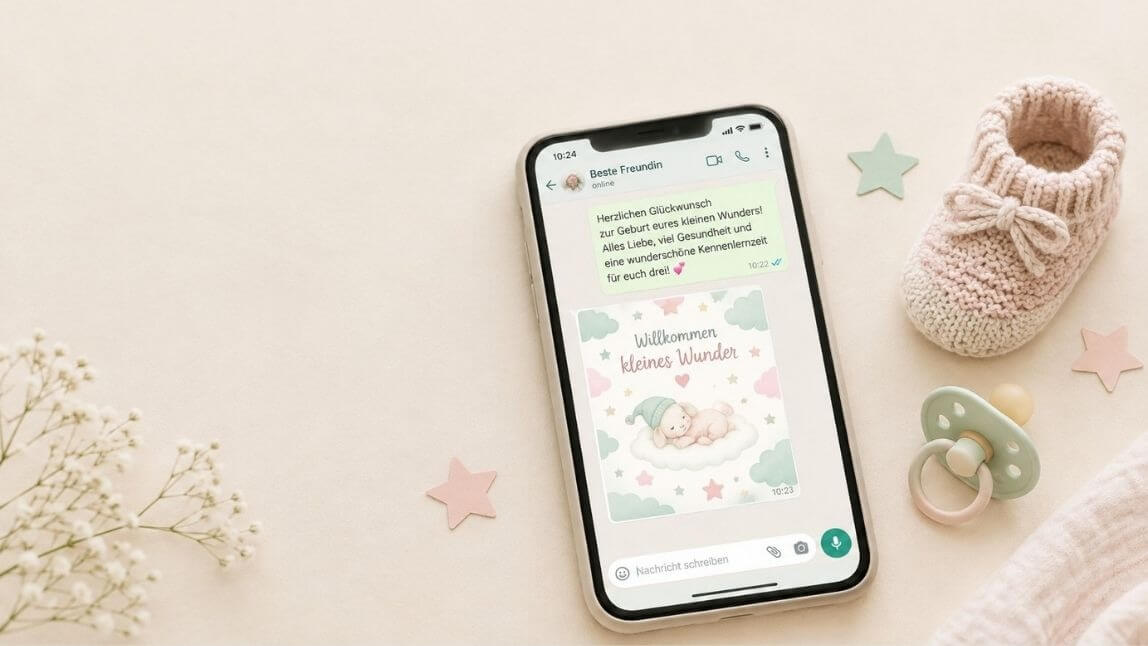 Smartphone mit WhatsApp-Glückwunsch zur Geburt und einer selbst erstellten Babykarte in Rosa und Mintgrün