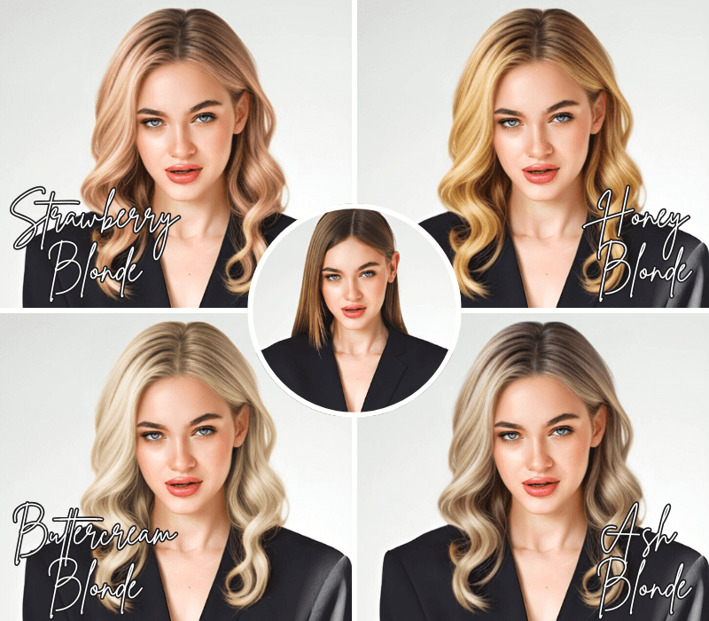 Blonde hair color shades previewed with the YouCam Makeup AI hair color filter