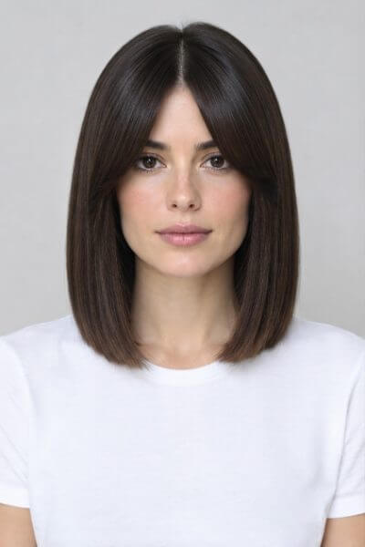 Sleek precision bob haircut preview on an AI-generated model
