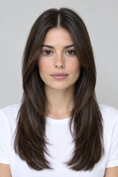 Long face-framing layers haircut preview on an AI-generated model