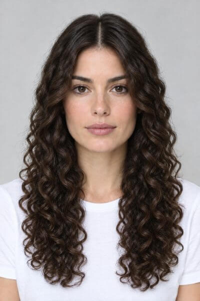 Long curly layers haircut preview on an AI-generated model