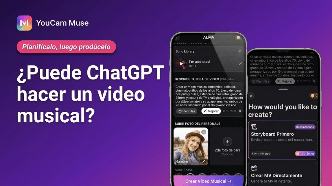 Pantallas de la app YouCam Muse que muestran una idea de video pegada y la opción de crear primero el storyboard para planear un video musical