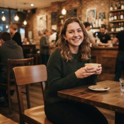 Same café photo with the backpack removed by AI object removal