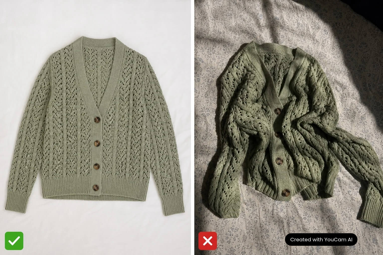 Good and poor seller photos for virtual try-on Side-by-side comparison of a flat, well-lit secondhand cardigan photo and a crumpled, shadowed photo of the same cardigan