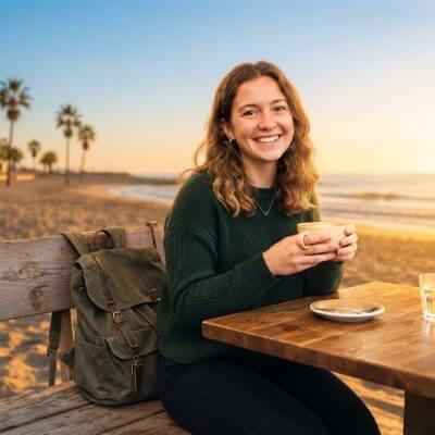 Same woman placed on a golden-hour beach background by AI background replacement