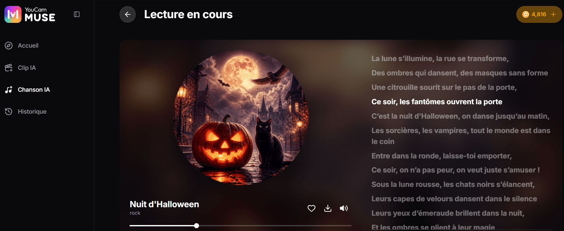 Génération d'une chanson d'Halloween par IA dans YouCam Muse