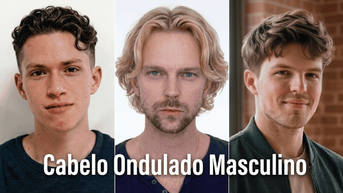 Três homens com diferentes cortes de cabelo ondulado masculino em 2026: curto texturizado, médio comprido e degradê ondulado.