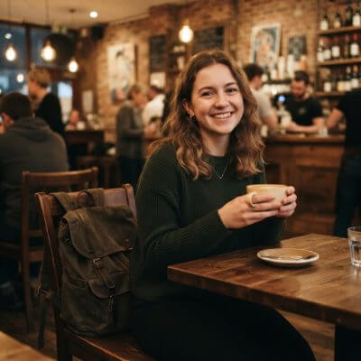 Original café photo with a backpack on the chair behind the woman