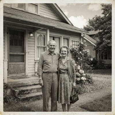 Faded 1950s black-and-white photo of an older couple in front of a house