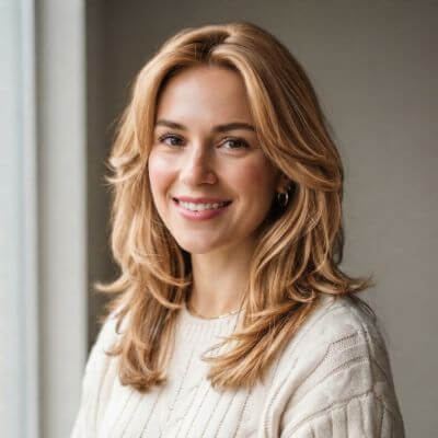 Same model with Caramel Blonde hair, an AI render made with YouCam
