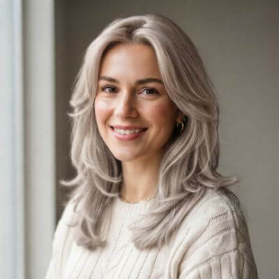 Same model with Champagne Blonde hair, an AI render made with YouCam