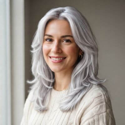 Same model with Icy Blonde & Silver Hues hair, an AI render made with YouCam