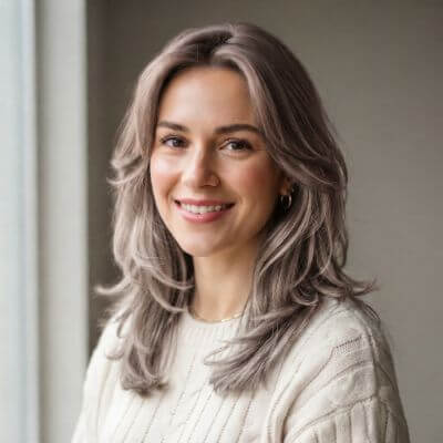 Same model with Mocha Mousse hair, an AI render made with YouCam