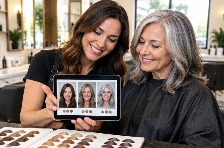 Colorist showing a client with gray hair coverage options on a tablet