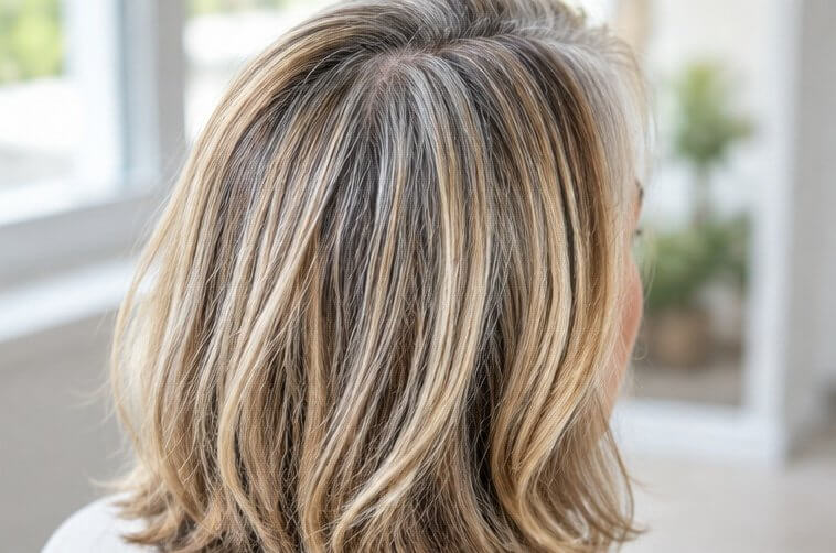 Salt-and-pepper hair blended with fine beige highlights