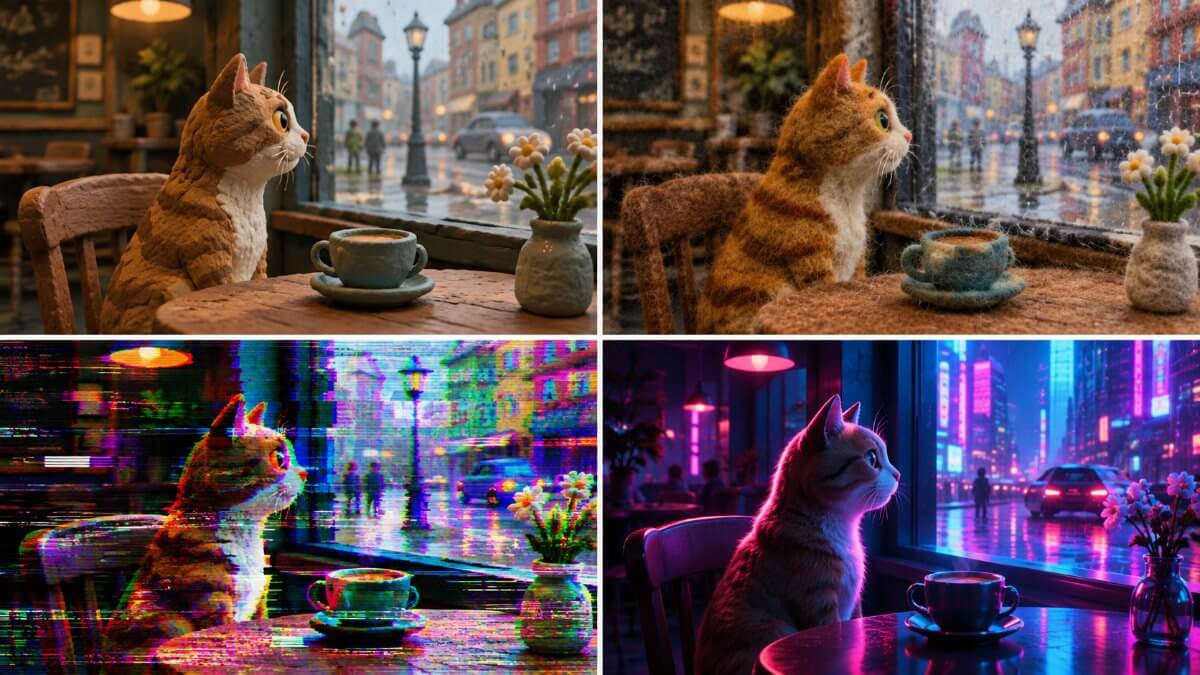 Four versions of a cat sitting by a cafe window rendered as clay animation, felt craft, glitch art and 3D cyberpunk neon