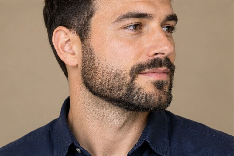 Short boxed beard with a lowered cheek line to hide thin upper cheeks