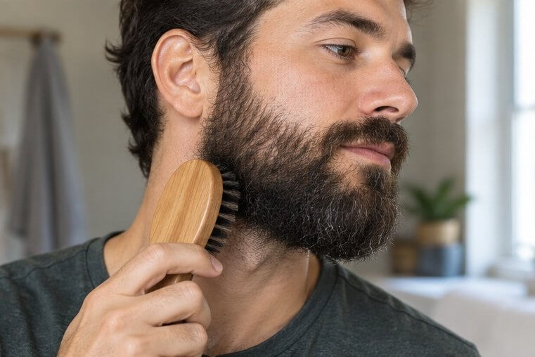 Longer beard brushed over small patchy gaps on the cheeks