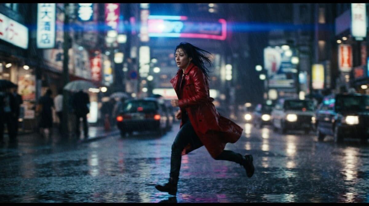 Cinematic night scene of a woman in a red coat running across a rain-soaked neon city street, shot like a tracking camera move