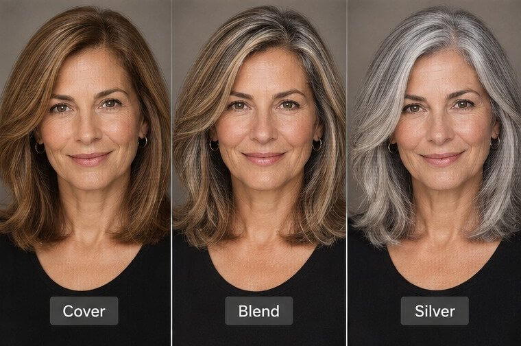 The same woman in her 50s with covered, blended and natural silver hair