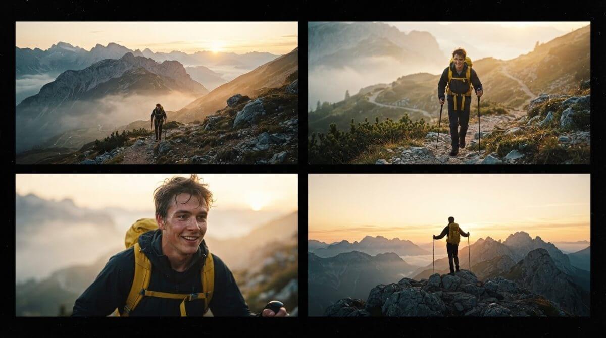 Four-frame storyboard of the same hiker with a yellow backpack climbing a misty mountain at sunrise, from wide shot to close-up to summit silhouette