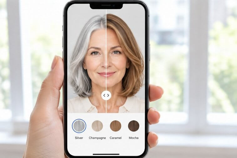Virtual try-on previewing silver versus caramel brown on a woman with gray hair