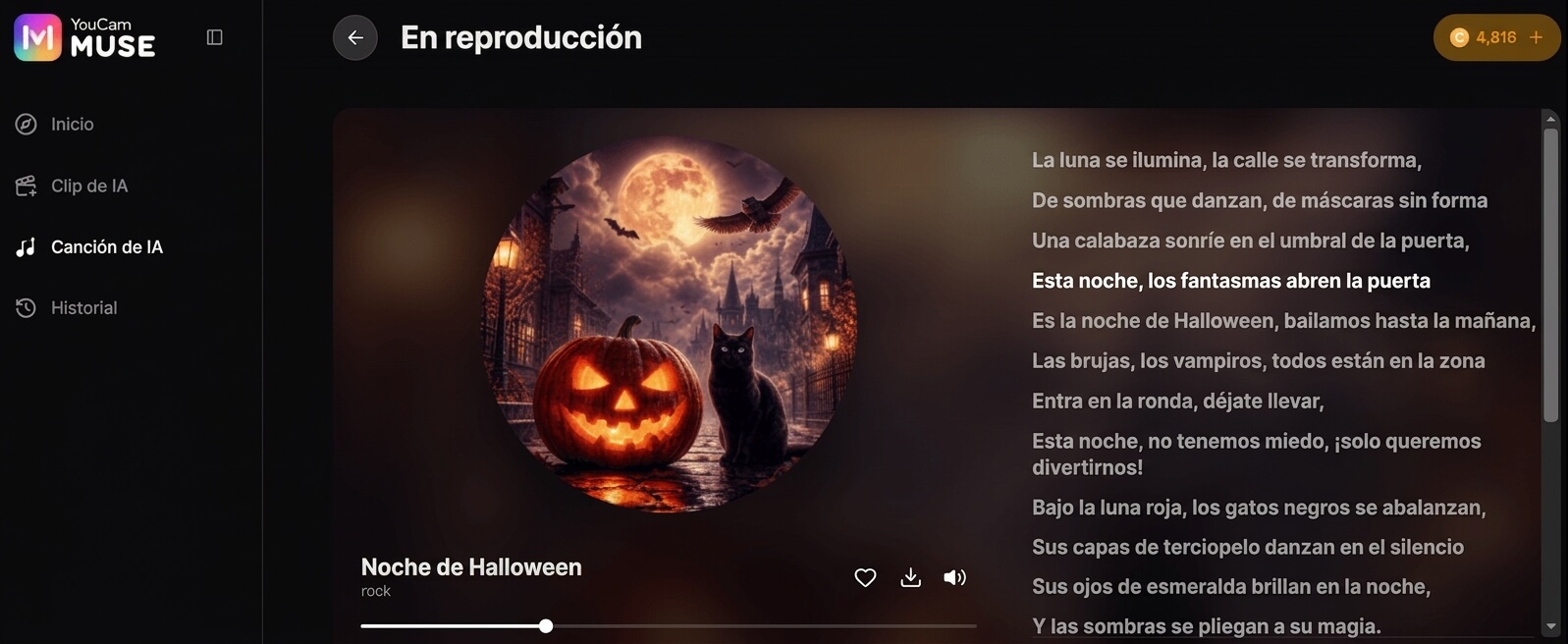Generación de una canción de Halloween con IA en YouCam Muse