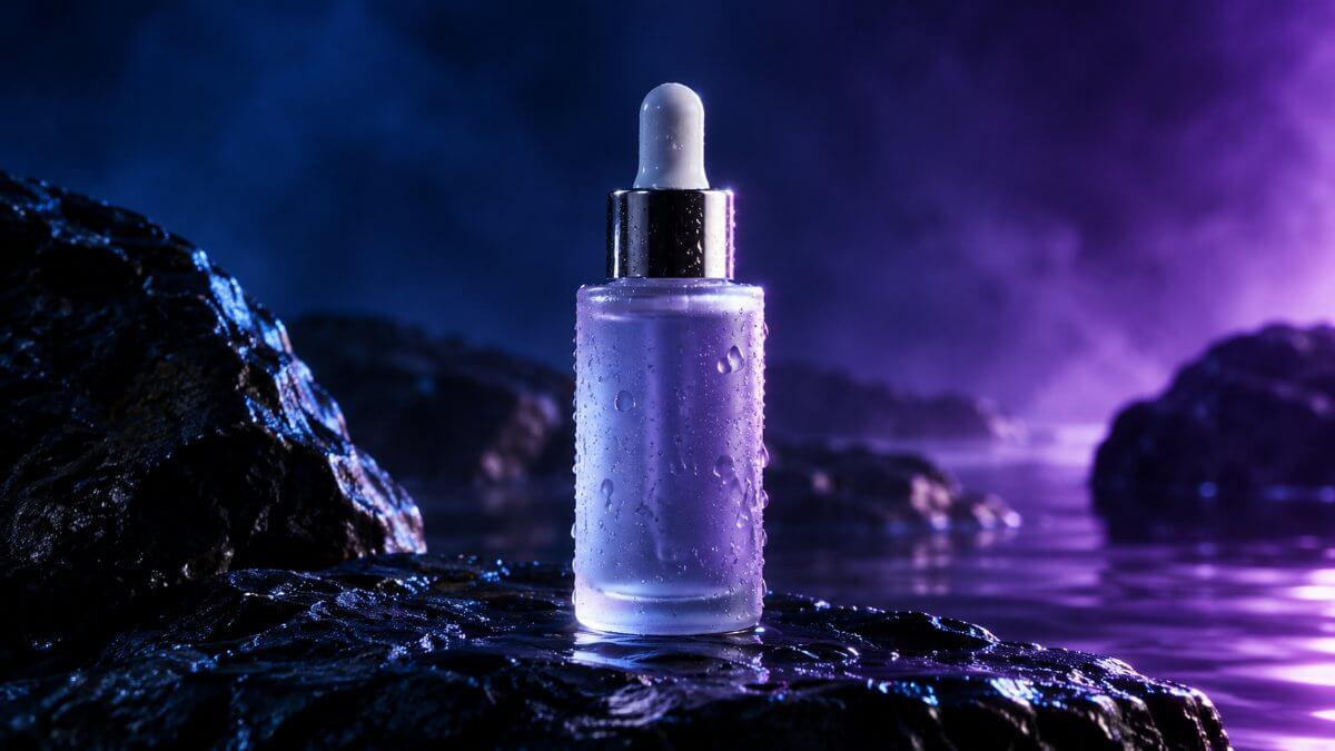 Unbranded frosted glass serum bottle on wet black stone with water droplets and dramatic rim light against an indigo and violet backdrop