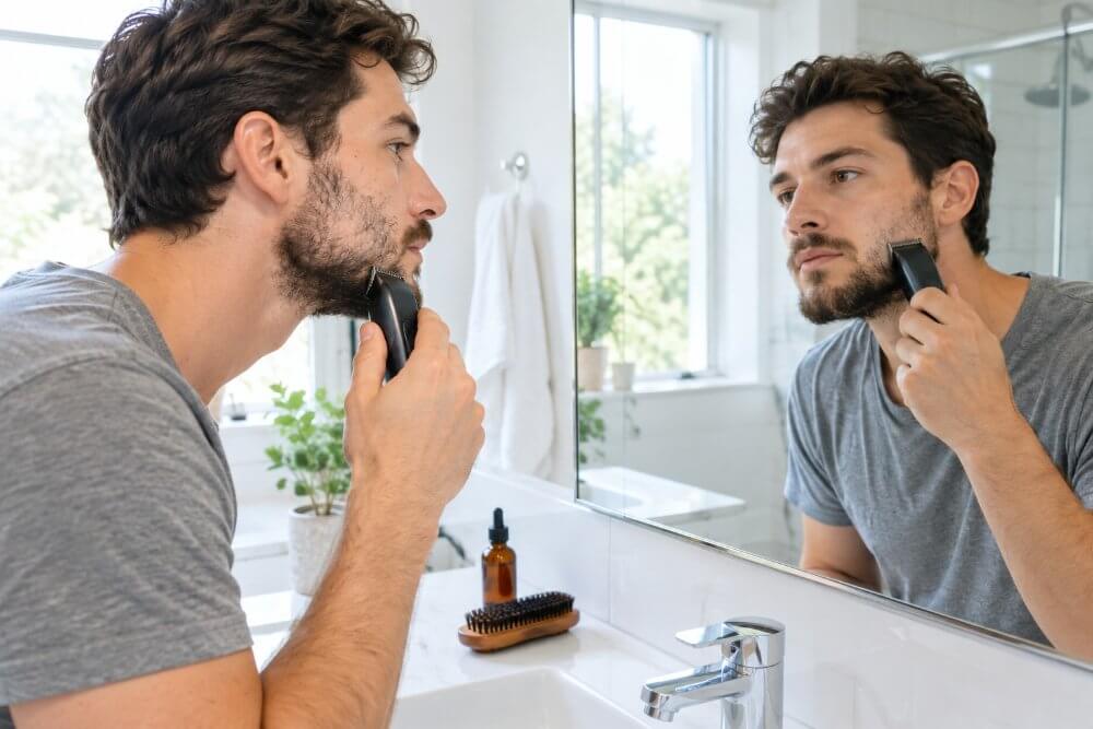 Man lowering his cheek line to make a patchy beard look fuller