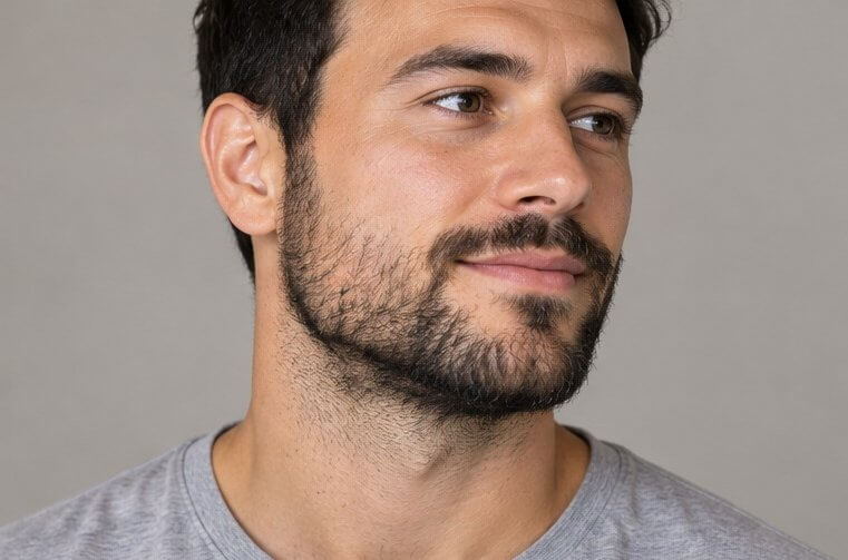 Heavy stubble trimmed short to blur a patchy beard