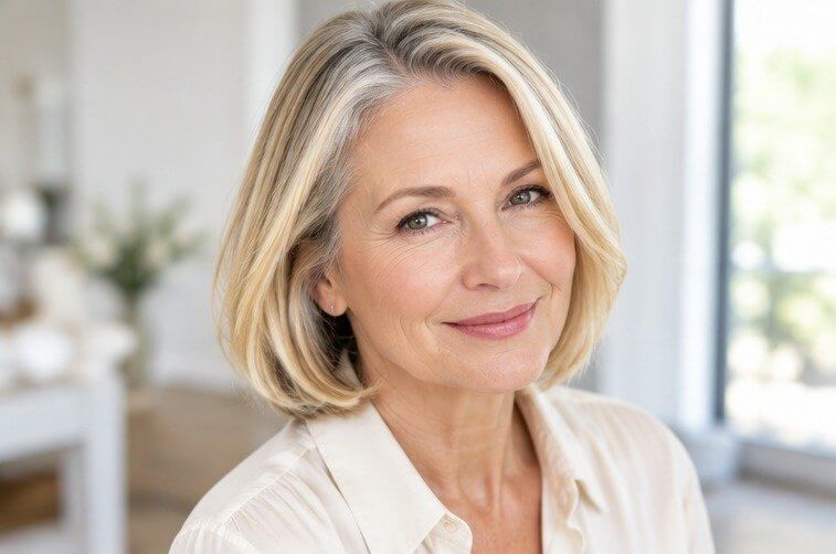 Champagne blonde hair color softening gray regrowth on a woman in her 50s