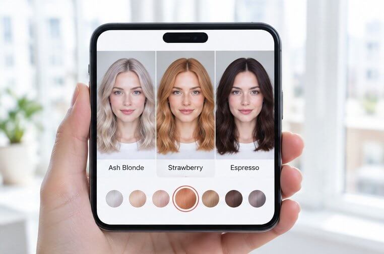 Virtual hair color try-on comparing three shades on a fair-skinned woman