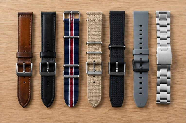 Flat lay of seven watch straps: leather, NATO, canvas, rubber, silicone and steel bracelet