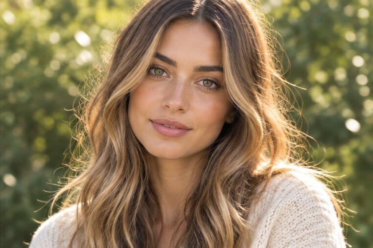 Honey blonde balayage on light olive skin