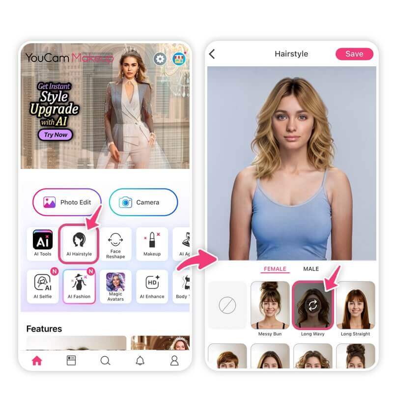 Try on hairstyles with YouCam Makeup's AI hairstyle changer
