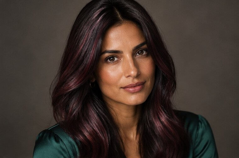 Espresso hair with a black cherry glow on deep olive skin