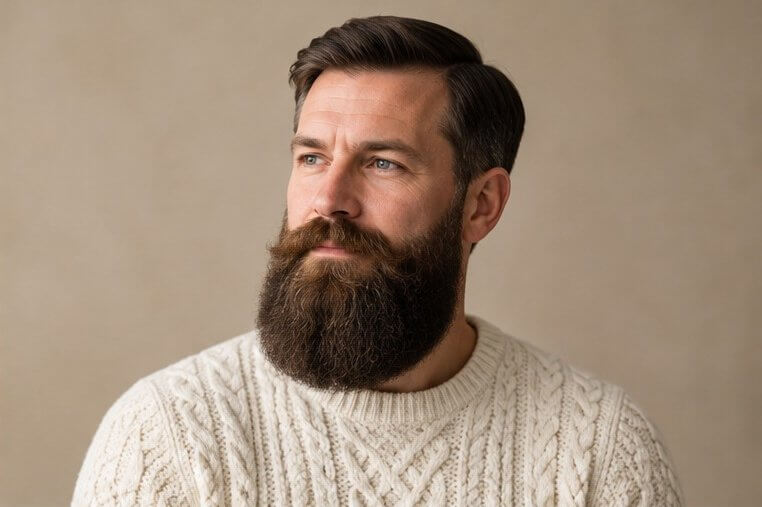 Man with a wide, full Garibaldi beard with a rounded bottom