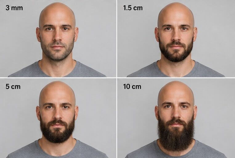 Same bald man shown with 3 mm, 1.5 cm, 5 cm and 10 cm beard lengths