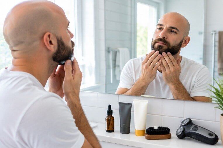 Bald man applying beard oil at a bathroom mirror with grooming products