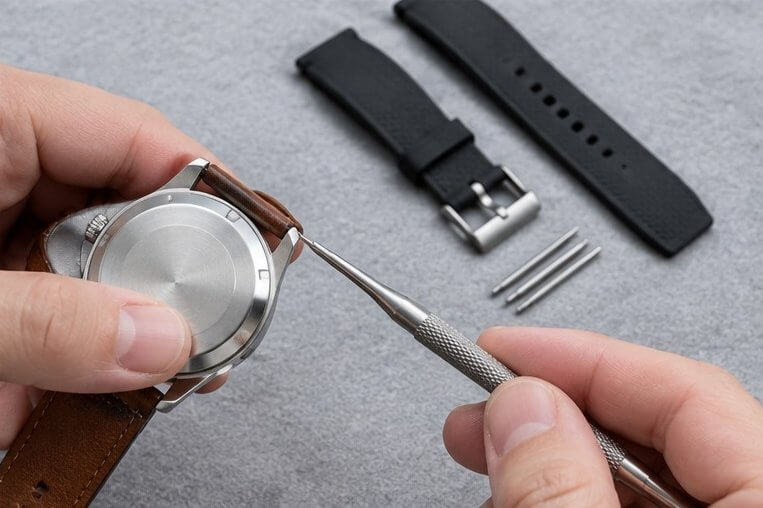 Hands using a spring bar tool to remove a leather watch strap