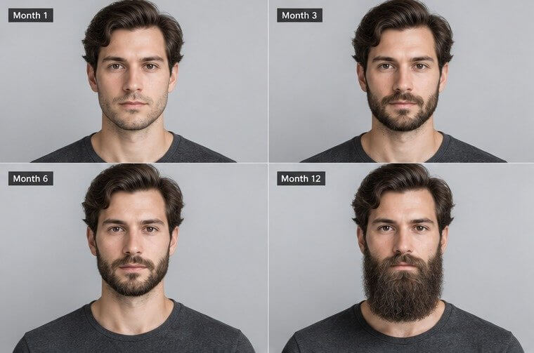 Same man shown with beard growth at month 1, 3, 6 and 12