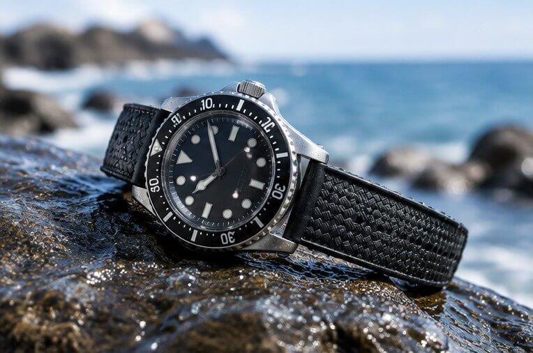 Black dive watch on a textured tropic-pattern rubber strap resting on wet stone
