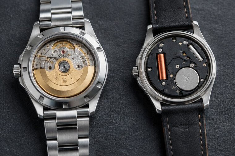 Automatic watch movement with gold rotor beside an open quartz watch with battery